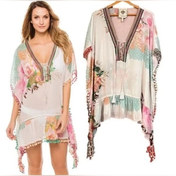 Z&L Europe Floral Print Airy 100% Cotton Pom-Pom Caftan Swim Cover Up sz M - Picture 1 of 14